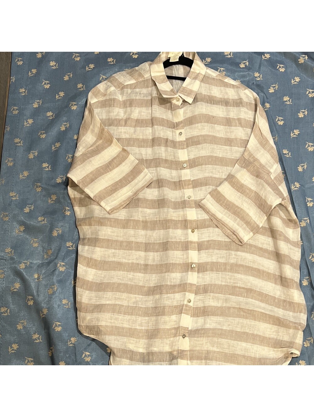 St. Tropez women’s Linen Striped Long Sleeve Button-Up Shirt L Beige/White